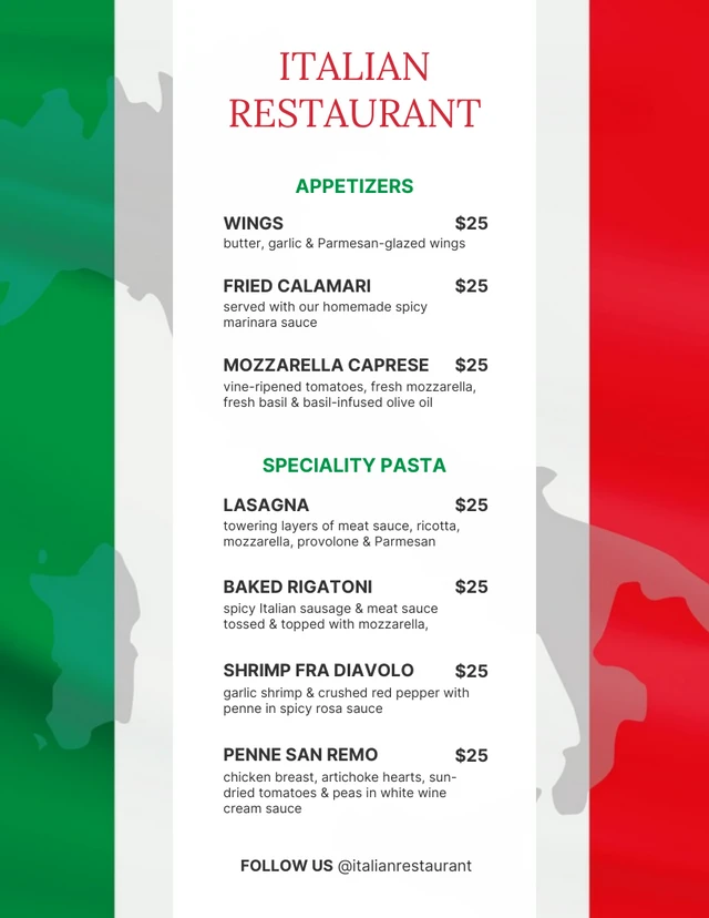 Verde Blanco Rojo Bandera Moderna Menú Restaurante Italiano Template Plantilla de menú de restaurante italiano de bandera moderna roja blanca verde