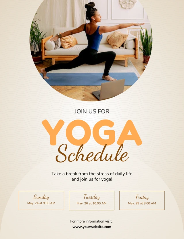Modello di volantino con programma di yoga in crema Template Modello di volantino con programma di yoga in crema