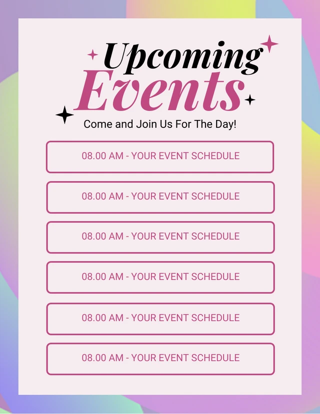 Pastel Colorful Modern Upcoming Events Schedule Template (Modèle de calendrier des événements à venir) Template Pastel Colorful Modern Upcoming Events Schedule Template (Modèle de calendrier des événements à venir)