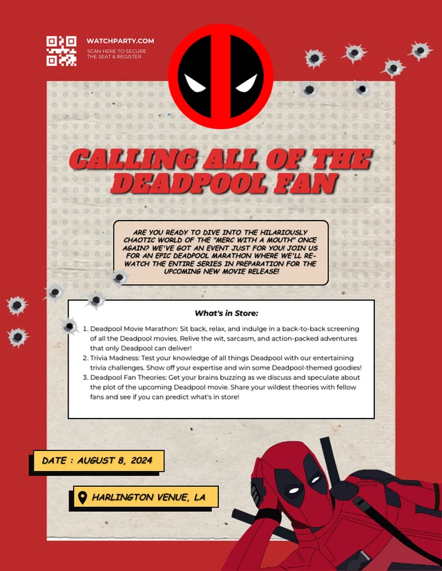 Événement d'invitation de super-héros Red Deadpool Re-Watch Template Modèle d'événement d'invitation de super-héros Red Deadpool Re-Watch