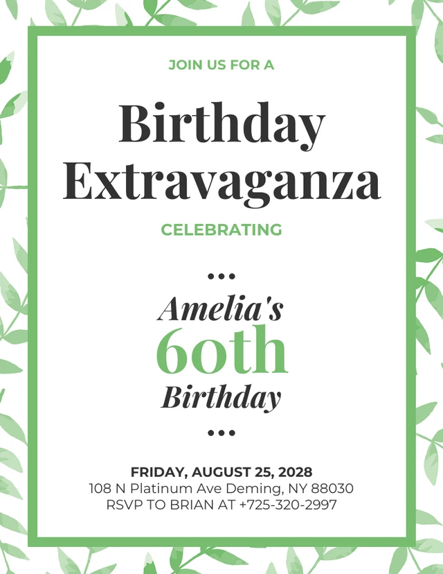 Invito per il sessantesimo compleanno dell'acquerello floreale bianco e verde Template Modello di invito per il sessantesimo compleanno dell'acquerello floreale bianco e verde
