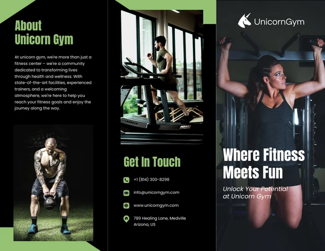 Black and Green Gym Tri Fold Brochure - Página 1