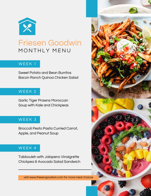 Light Grey Modern Monthly Menu Template Light Grey Modern Monthly Menu Template