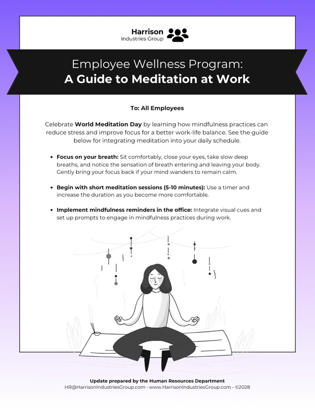 Una guida alla meditazione sul lavoro per la newsletter via email sulla salute mentale Template Modello di newsletter via email per una guida alla meditazione sul lavoro per la salute mentale