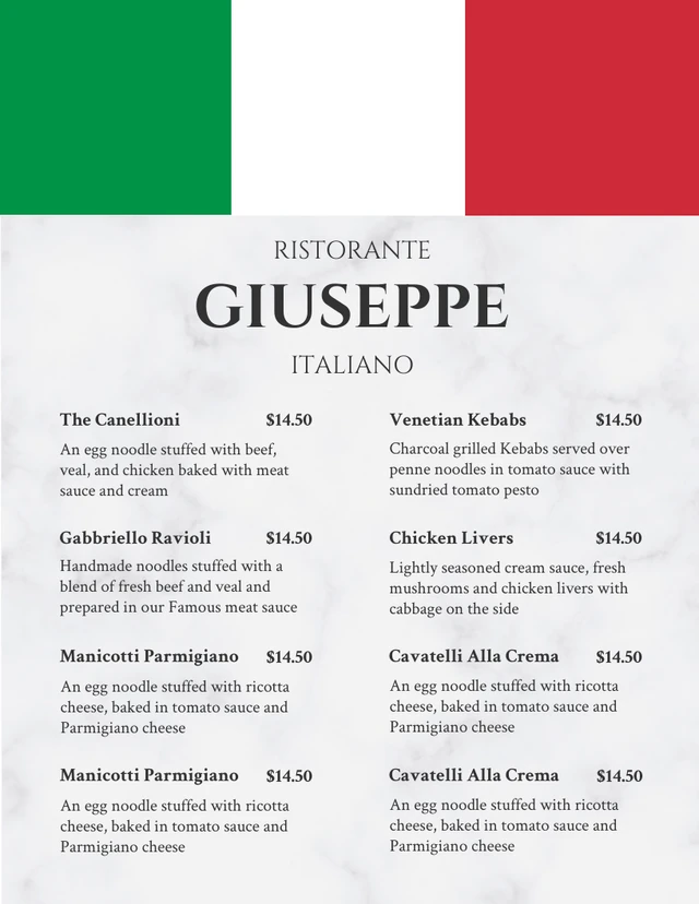Menu del ristorante italiano a strisce moderne bianche e rosse verdi Template Modello di menu del ristorante italiano a strisce moderne bianche e rosse verdi