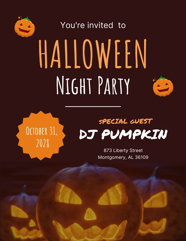 Festa arancione e nera per la notte di Halloween Template Modello di festa per la notte di Halloween arancione e nera