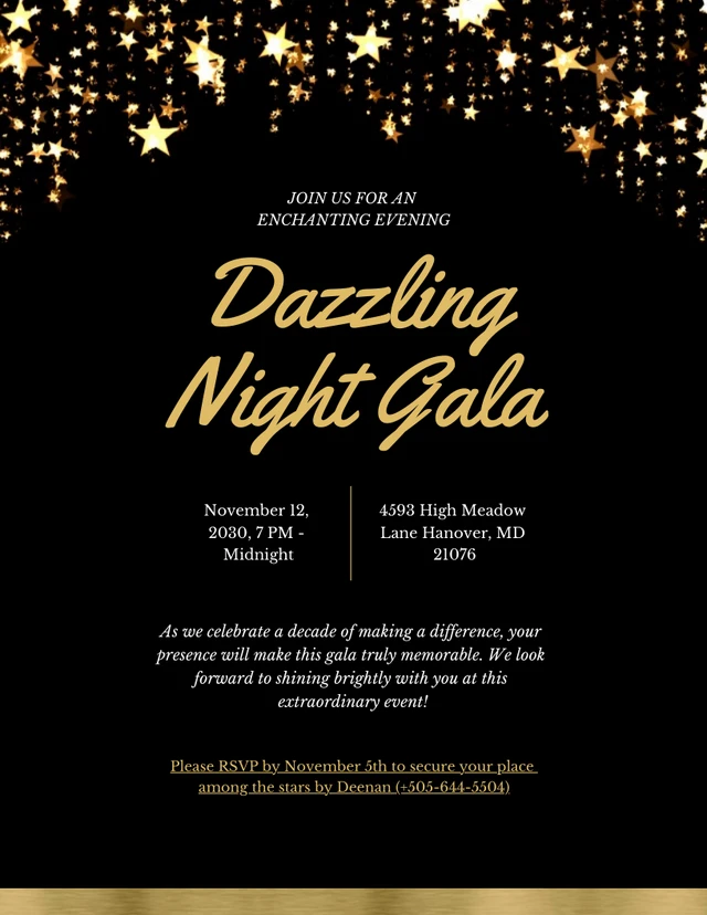 Invitation au gala des étoiles d'or noir Template Modèle d'invitation au gala des étoiles en or noir