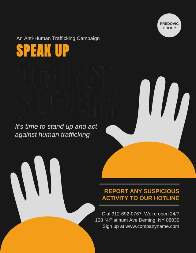 Poster Tráfico Humano Moderno Preto E Laranja Template Modelo de pôster moderno em preto e laranja sobre tráfico humano