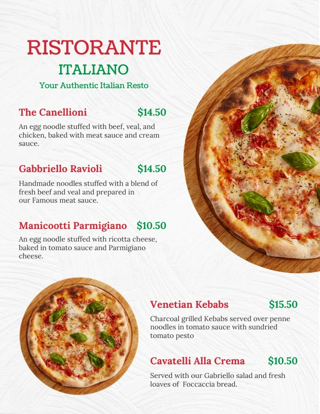 Menu del ristorante italiano di struttura moderna bianca Template Modello di menu del ristorante italiano di struttura moderna bianca