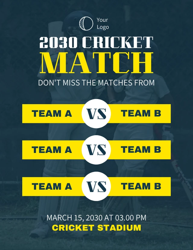 Plantilla de horario de partido de cricket simple azul oscuro Template Plantilla de horario de partido de cricket simple azul oscuro