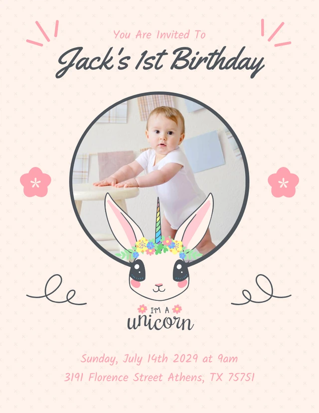 Pink Cute Cheerful Playful Unicorn 1st Birthday Invitation Template Pink Cute Cheerful Playful Unicorn 1st Birthday Invitation Template