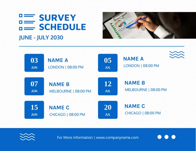 Blanc et bleu Design épuré Modèle de calendrier d'enquête Template Blanc et bleu Design épuré Modèle de calendrier d'enquête