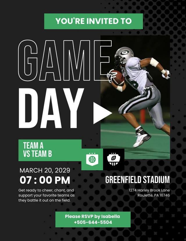 Invitation De Football Simple Gris Et Vert Template Modèle d'invitation de football simple gris et vert
