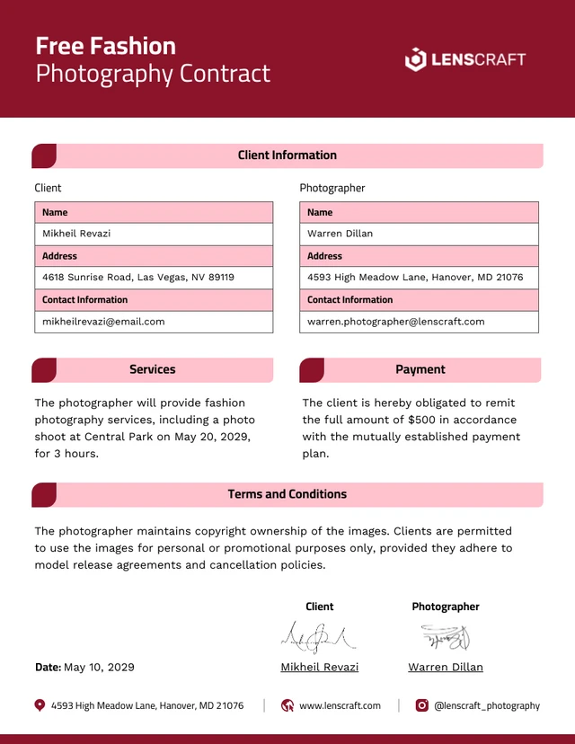 Contrato gratuito de fotografía de moda Template Plantilla de contrato de fotografía de moda gratuita