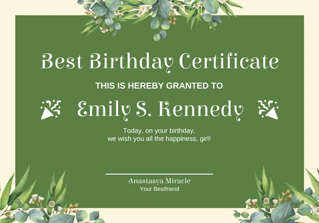 Certificado de aniversário floral estético amarelo claro e verde Template Modelo de certificado de aniversário floral estético amarelo claro e verde