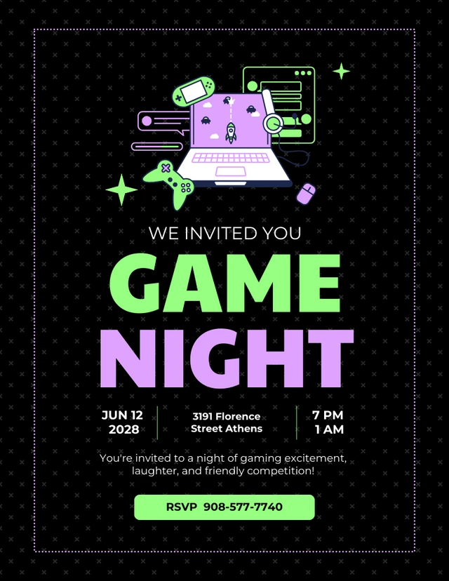 Lettera d'invito per la notte dei giochi al neon scuro Template Modello di lettera di invito per la notte di gioco al neon scuro