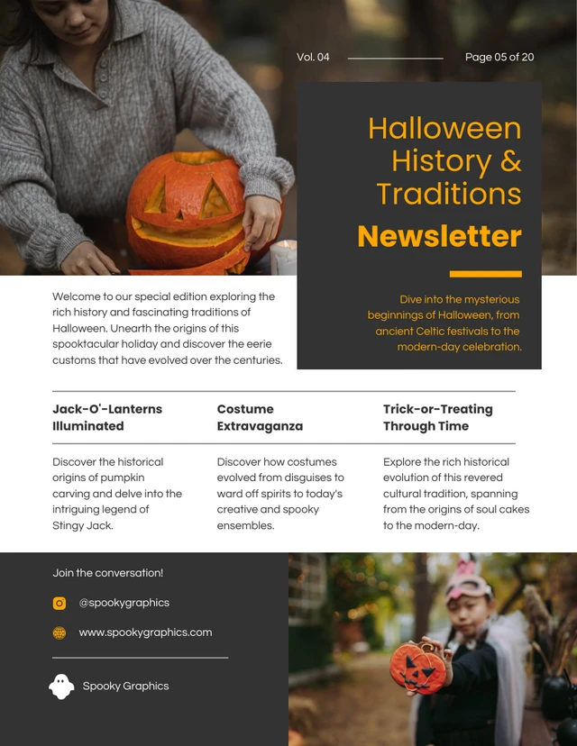 Bulletin d'information sur l'histoire et les traditions d'Halloween Template Modèle de newsletter sur l'histoire et les traditions d'Halloween