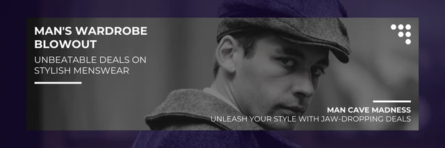 Banner de roupas masculinas com foto minimalista roxo escuro Template Modelo de Banner de Roupas Masculinas de Foto Minimalista Roxo Escuro