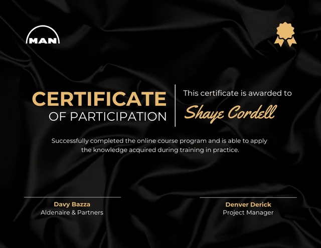 Certificado de Participação Preto Moderno Elegante Template Modelo de certificado de participação preto moderno e elegante