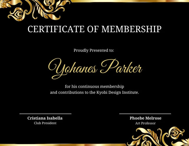 Certificati di appartenenza vintage nero e oro Template Modello di certificati di appartenenza vintage nero e oro