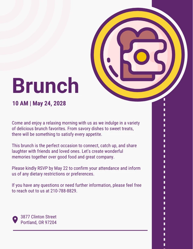 Invito al brunch con panino viola, moderno, pulito e minimalista Template Modello di invito al brunch con panino moderno e pulito, minimalista e viola