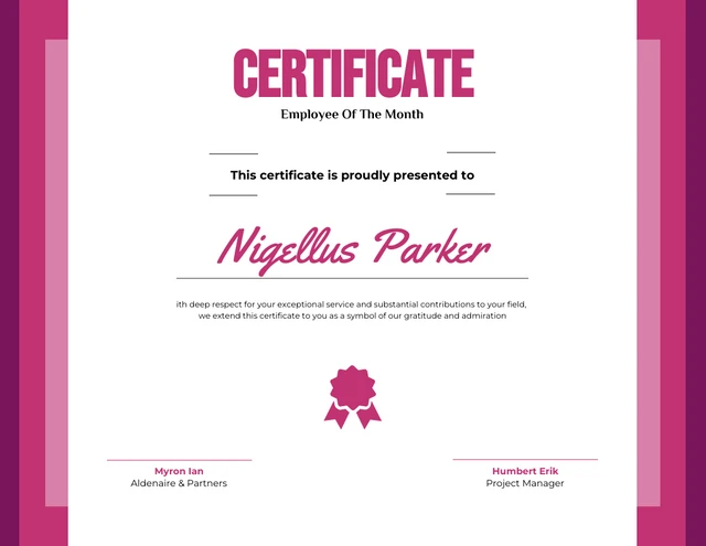Certificado de Funcionário do Mês Minimalista Fushia Template Modelo de certificado de funcionário do mês minimalista Fushia
