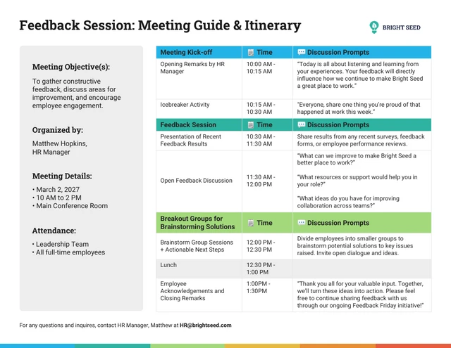 Guía y agenda de reunión para profesionales de recursos humanos. Template Guía y programa de reunión de retroalimentación para profesionales de recursos humanos.
